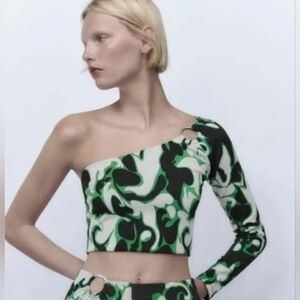 ZARA RETRO ONE SHOULDER CROP TOP WOMEN'S SIZE S NWT GREEN